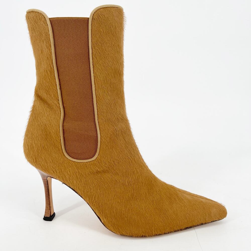 Manolo Blahnik Vintage Ponyhair Camel Brown Heeled Chelsea Ankle Boots IT 37 - Picture 3 of 12